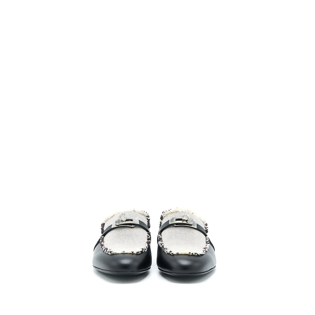 HERMES OZ MULE IN CALFSKIN/FRINGED CANVAS BLACK/BEIGE SHW