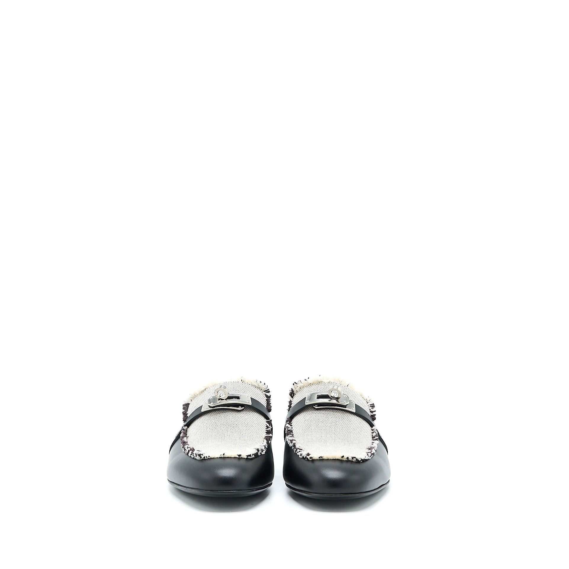 HERMES OZ MULE IN CALFSKIN/FRINGED CANVAS BLACK/BEIGE SHW