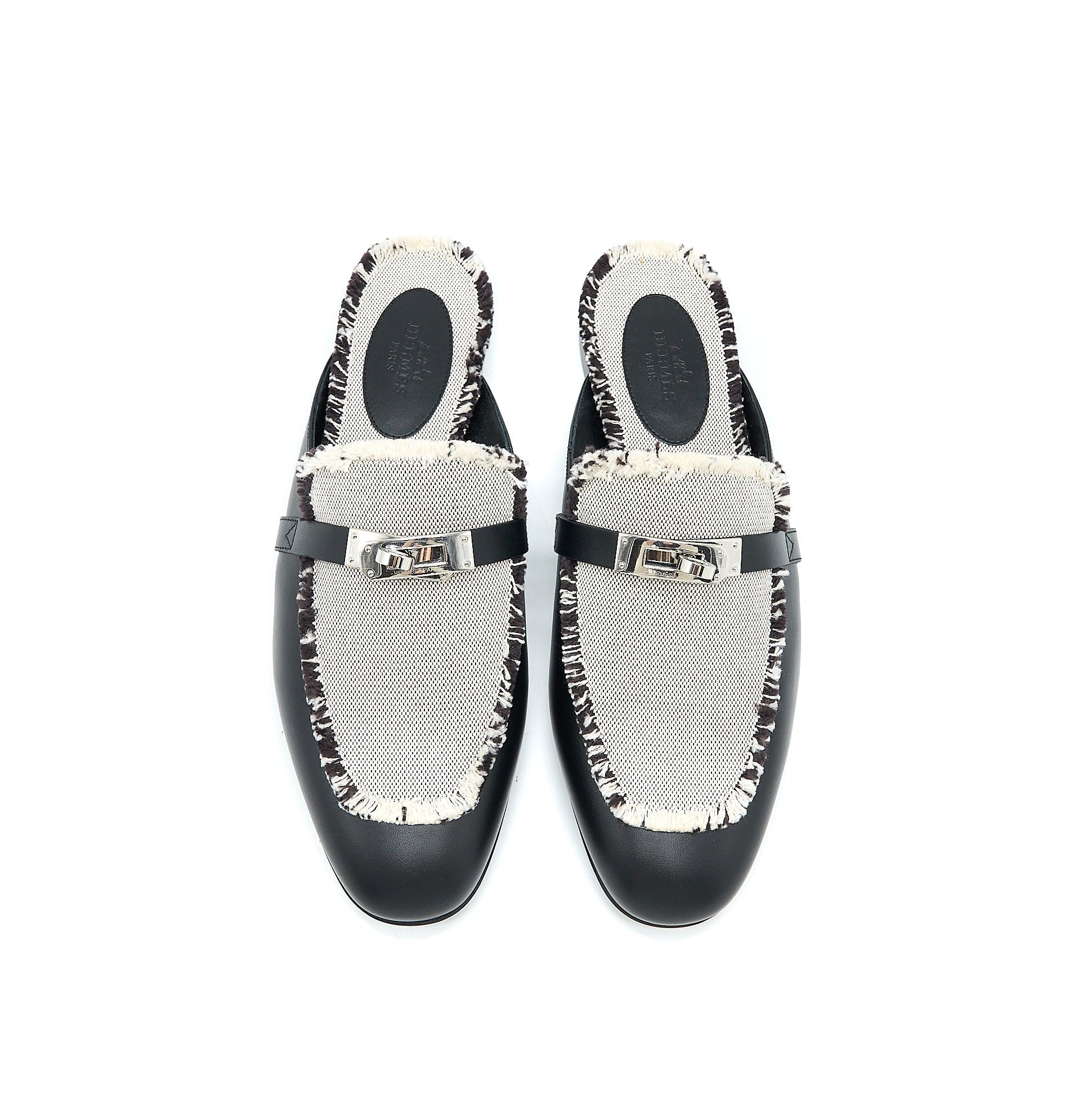 HERMES OZ MULE IN CALFSKIN/FRINGED CANVAS BLACK/BEIGE SHW