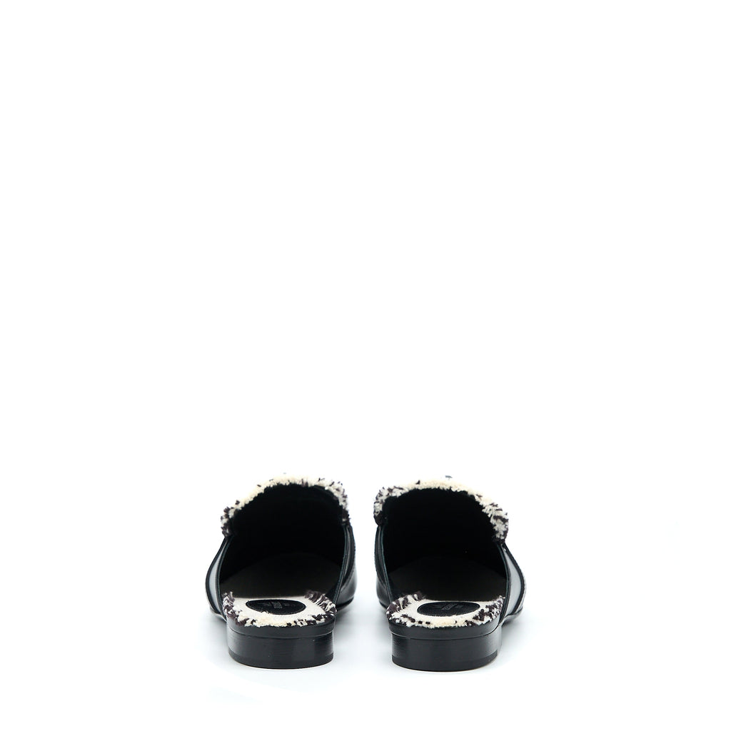 HERMES OZ MULE IN CALFSKIN/FRINGED CANVAS BLACK/BEIGE SHW