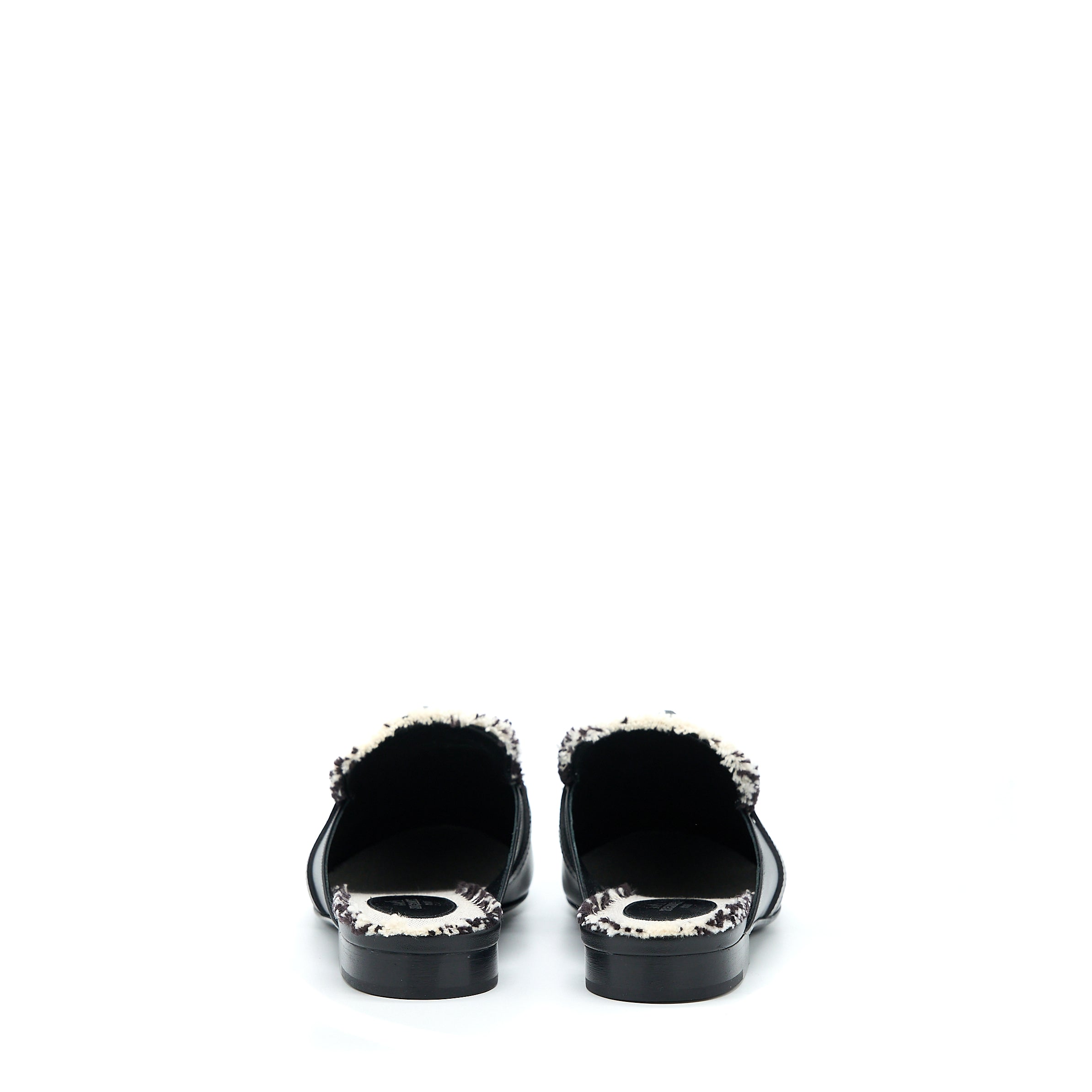 HERMES OZ MULE IN CALFSKIN/FRINGED CANVAS BLACK/BEIGE SHW