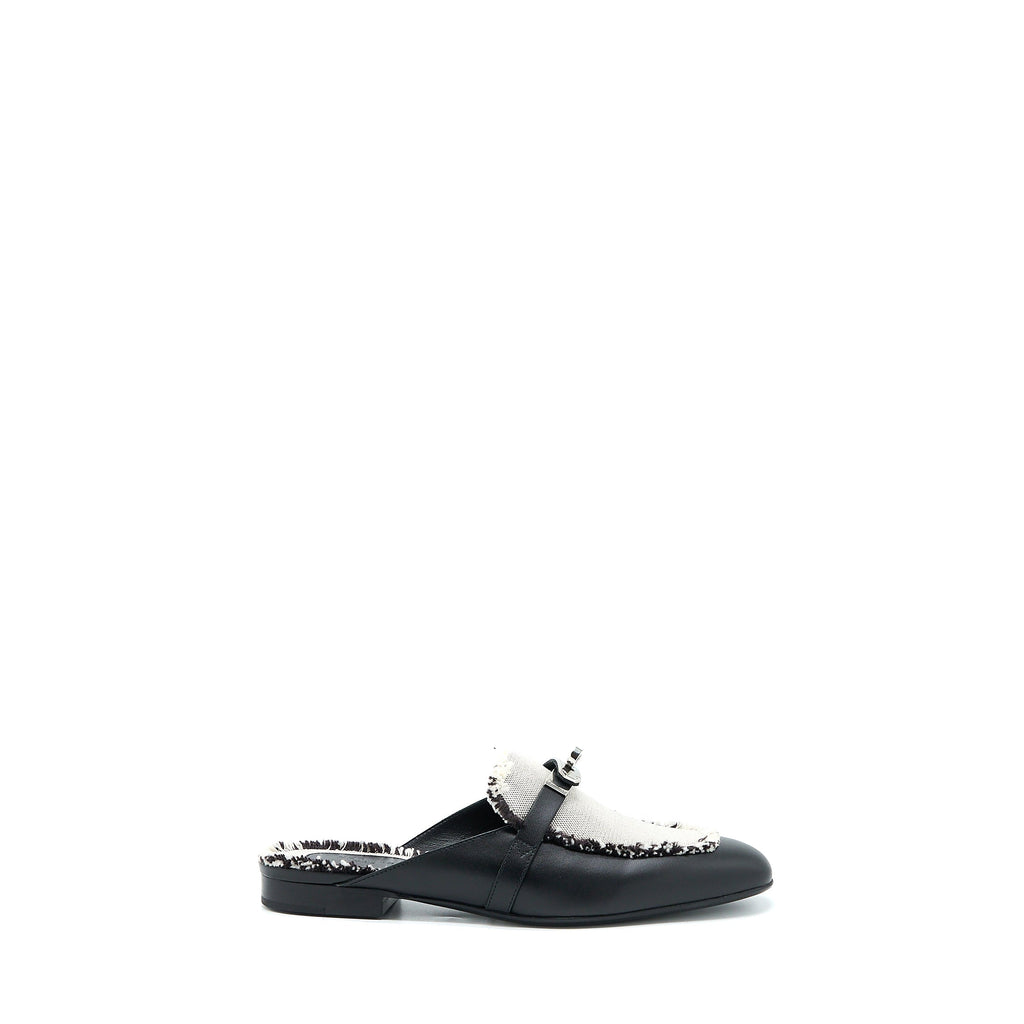 HERMES OZ MULE IN CALFSKIN/FRINGED CANVAS BLACK/BEIGE SHW