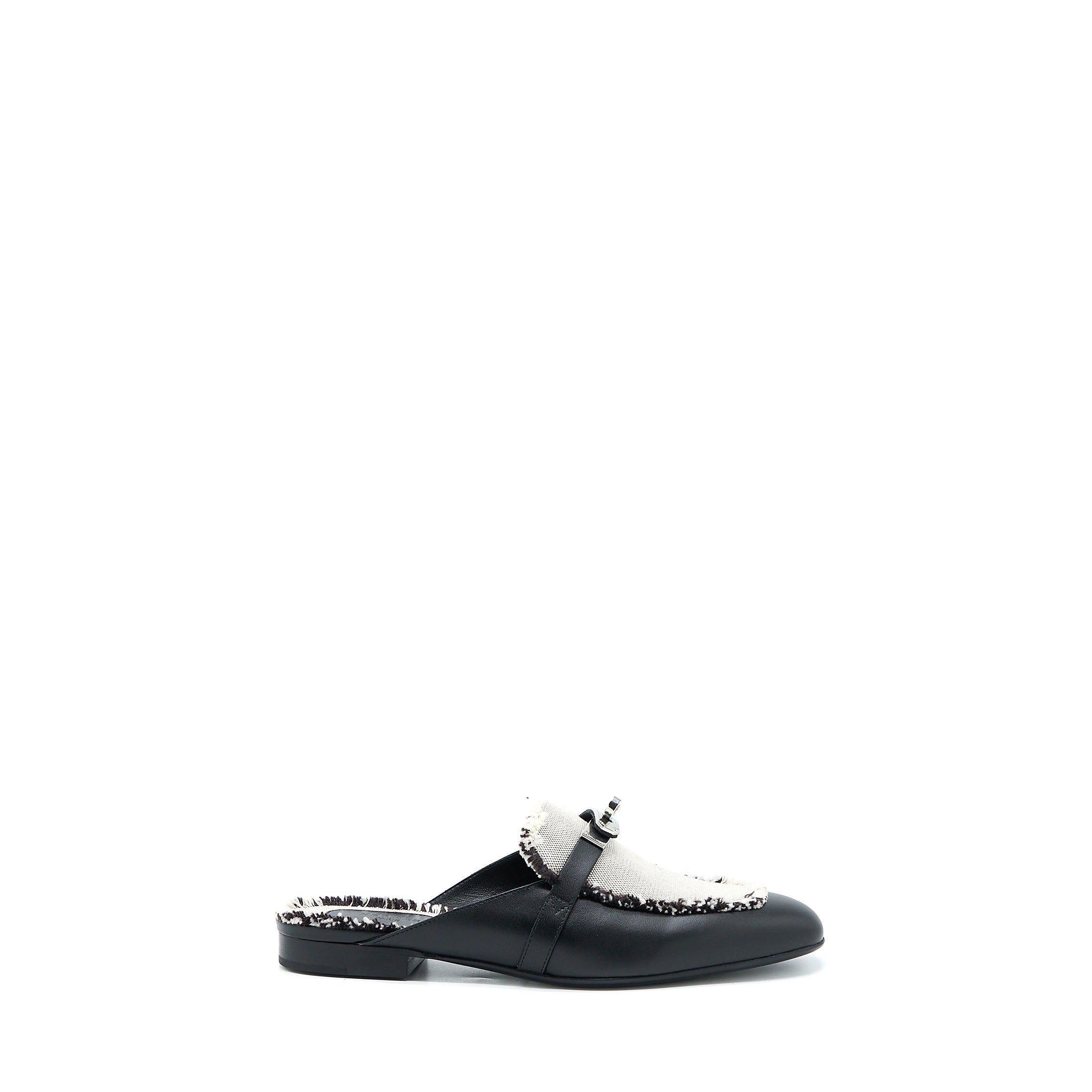 HERMES OZ MULE IN CALFSKIN/FRINGED CANVAS BLACK/BEIGE SHW