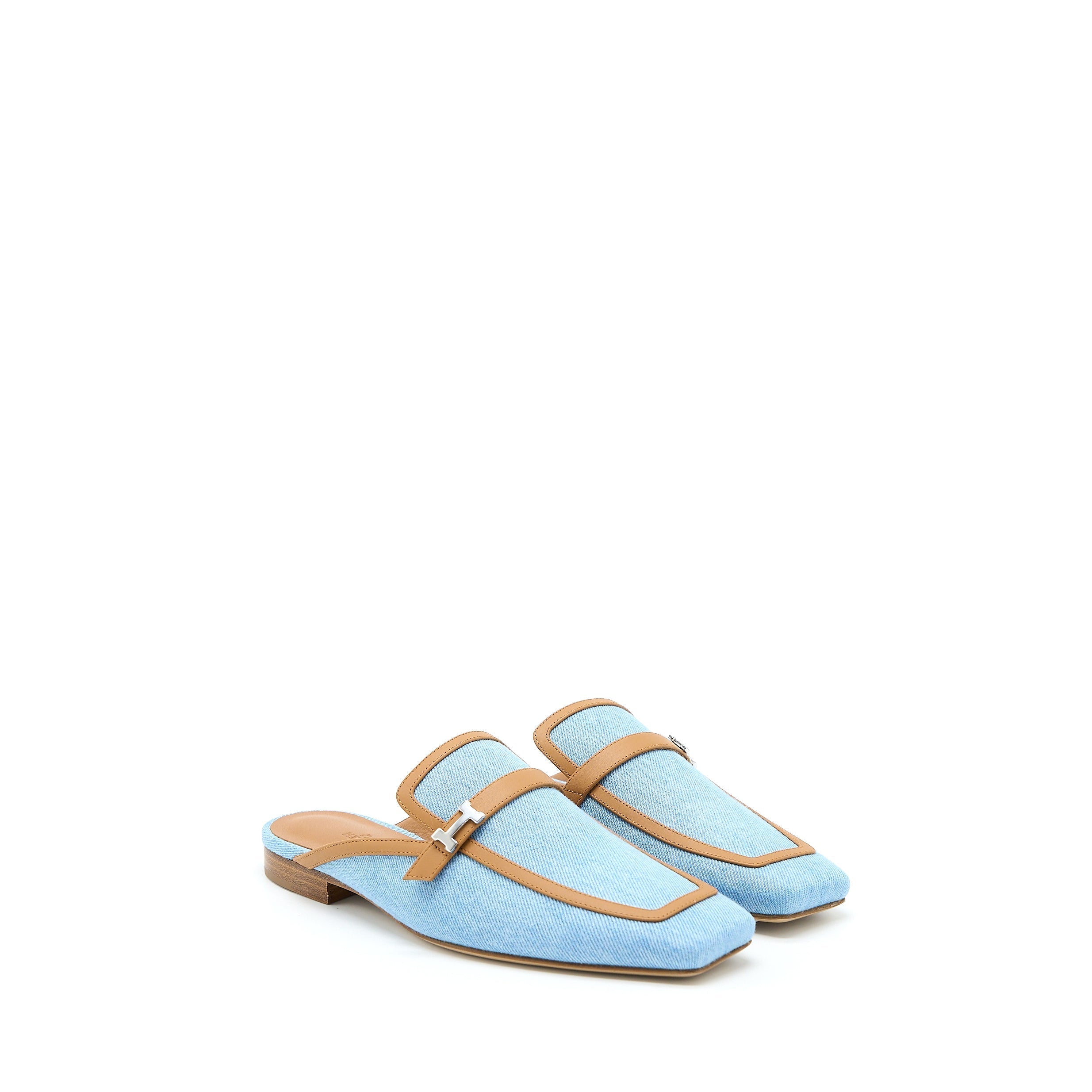 HERMES GROUPIE MULE IN CALFSKIN/DENIM BLUE CLAIR/NATURAL