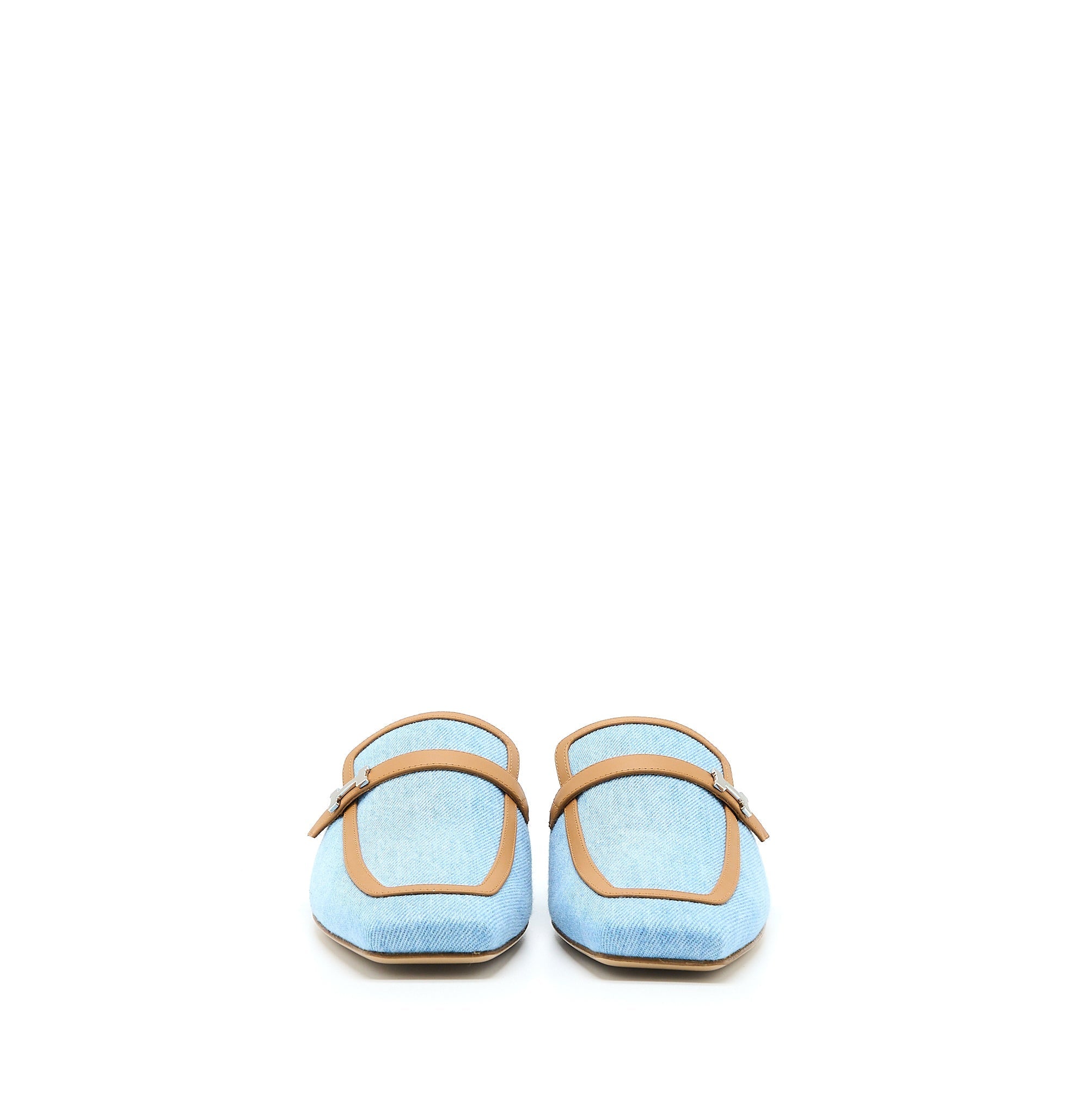 HERMES GROUPIE MULE IN CALFSKIN/DENIM BLUE CLAIR/NATURAL