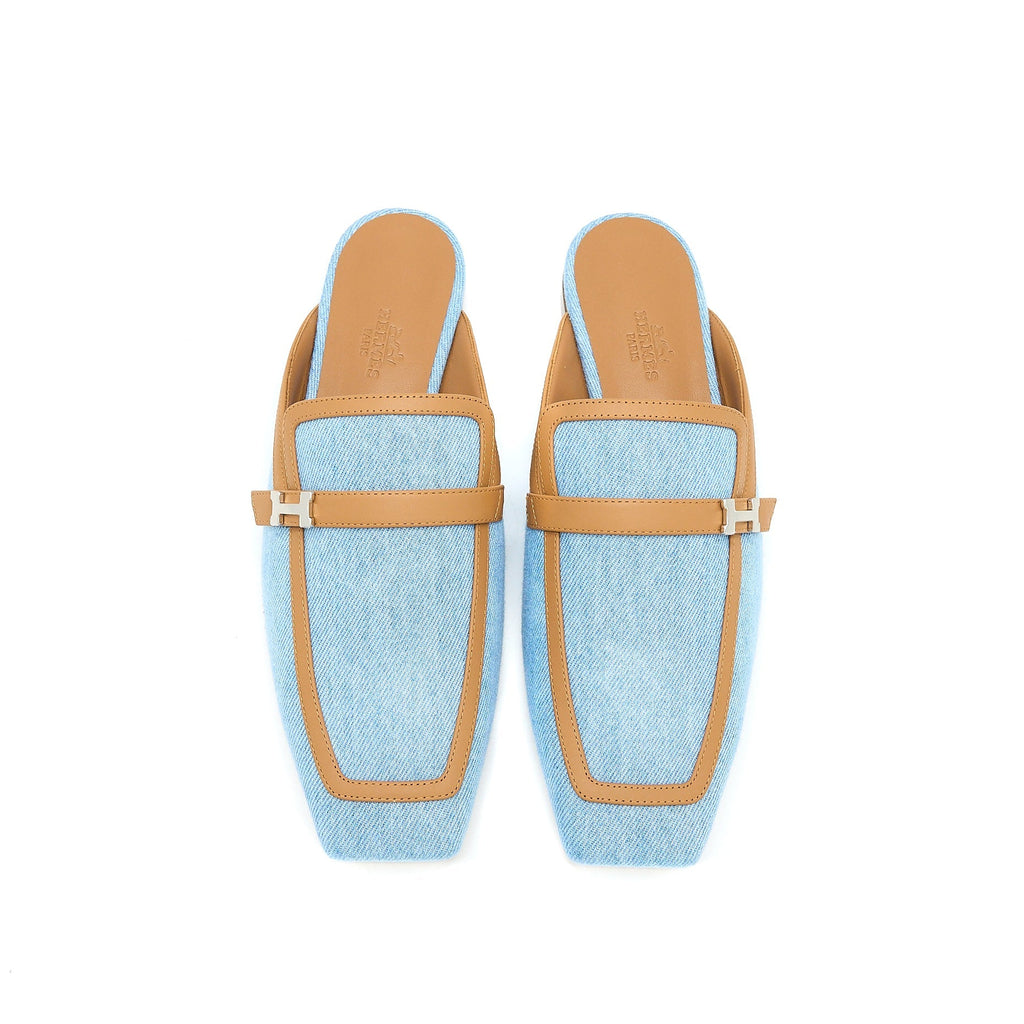 HERMES GROUPIE MULE IN CALFSKIN/DENIM BLUE CLAIR/NATURAL