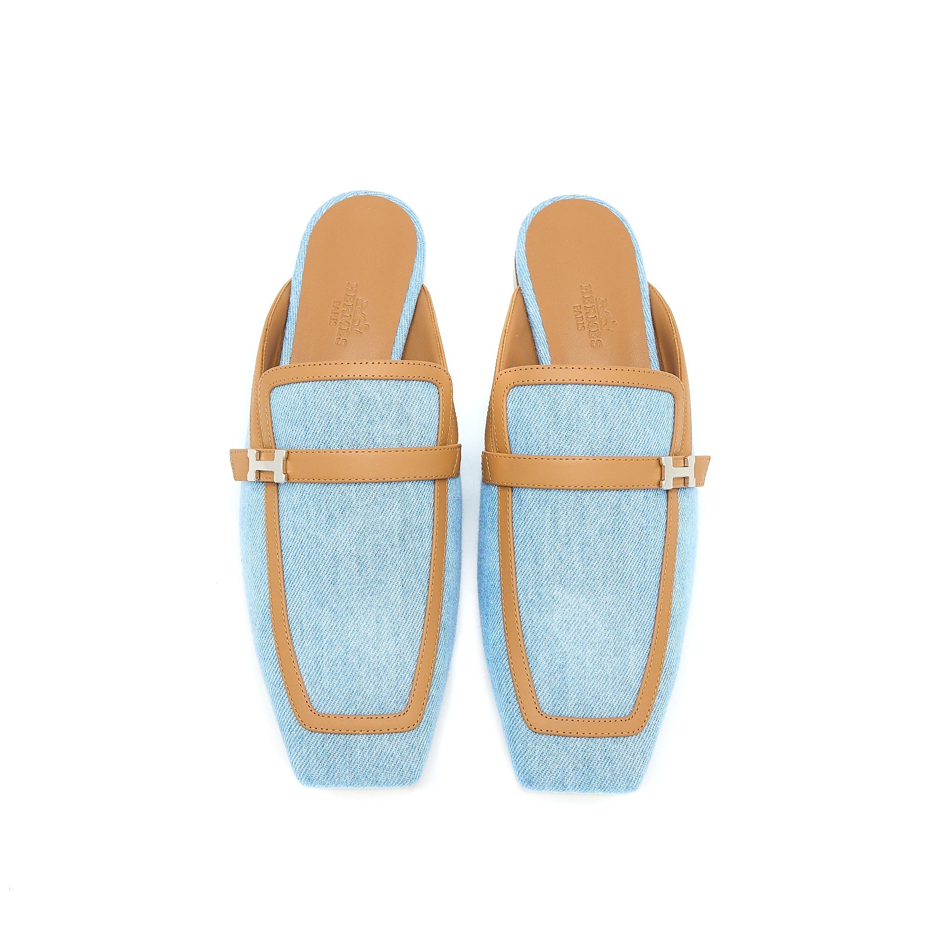 HERMES GROUPIE MULE IN CALFSKIN/DENIM BLUE CLAIR/NATURAL