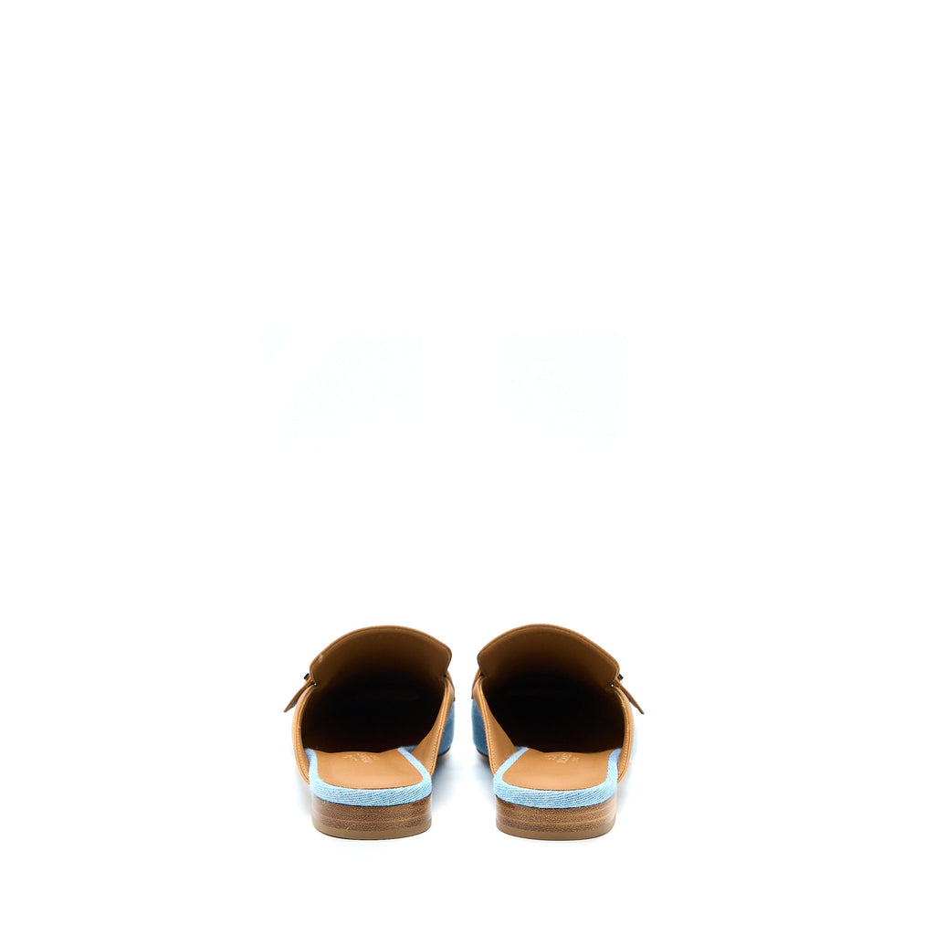 HERMES GROUPIE MULE IN CALFSKIN/DENIM BLUE CLAIR/NATURAL