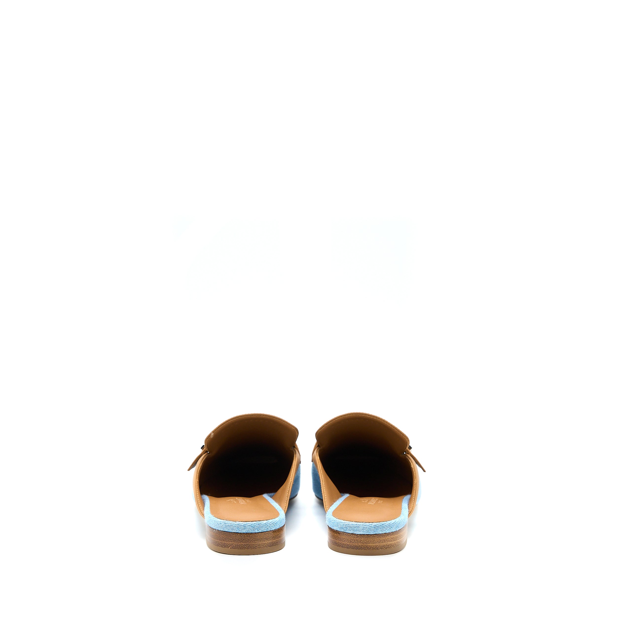 HERMES GROUPIE MULE IN CALFSKIN/DENIM BLUE CLAIR/NATURAL