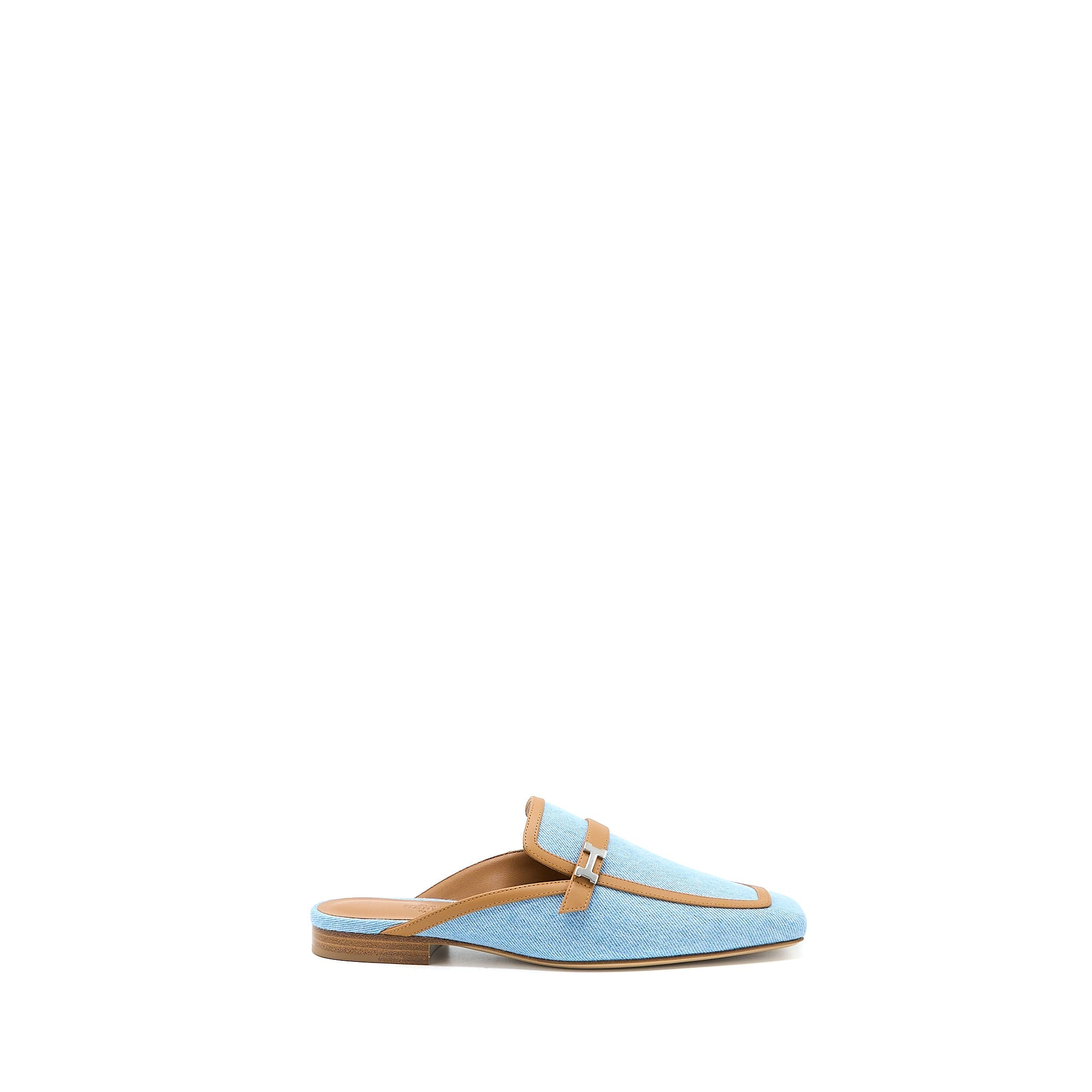 HERMES GROUPIE MULE IN CALFSKIN/DENIM BLUE CLAIR/NATURAL