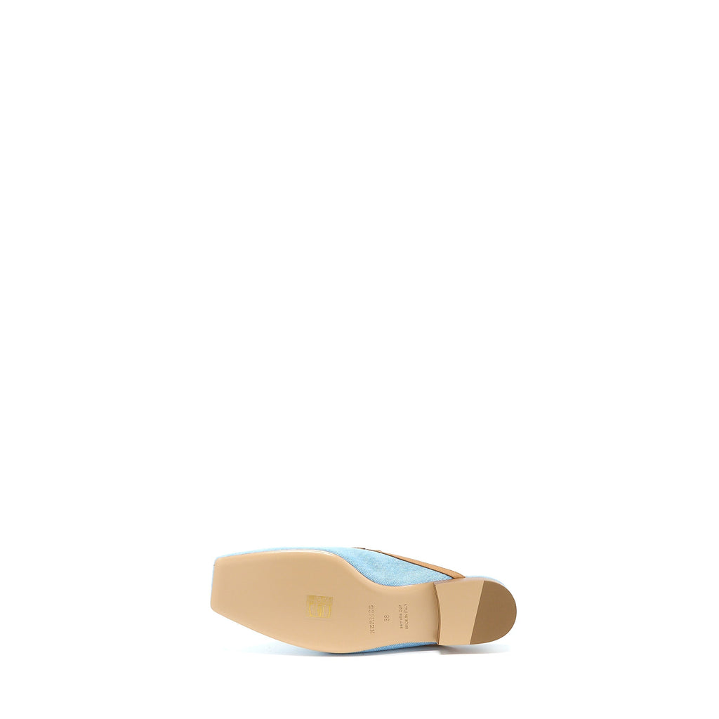 HERMES GROUPIE MULE IN CALFSKIN/DENIM BLUE CLAIR/NATURAL