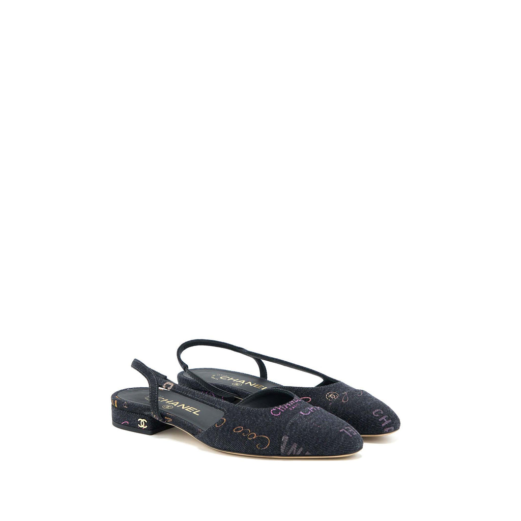 CHANEL C SLING BACK FLAP SHOES DENIM/ LEATHER BLACK