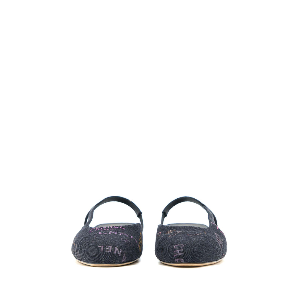 CHANEL C SLING BACK FLAP SHOES DENIM/ LEATHER BLACK