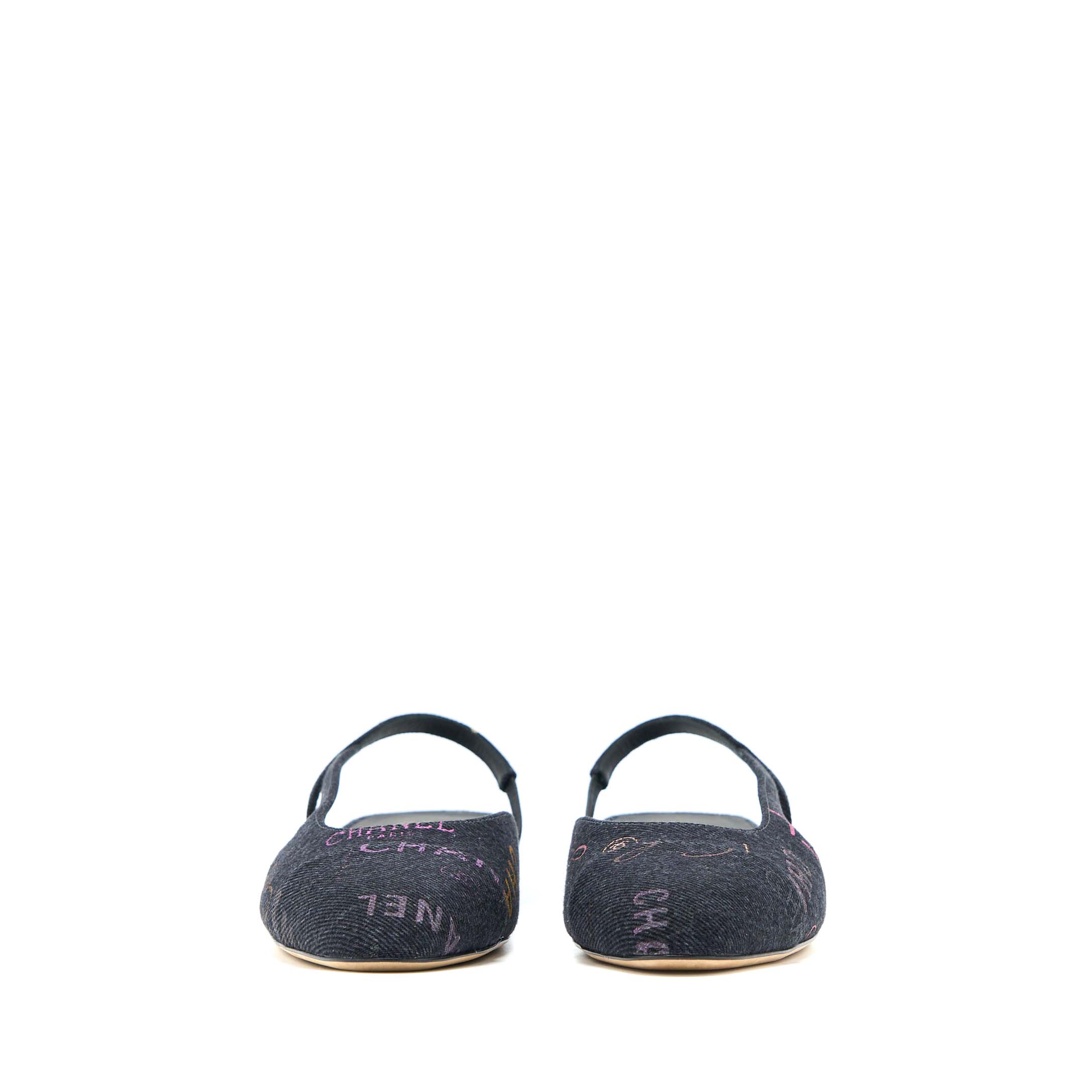 CHANEL C SLING BACK FLAP SHOES DENIM/ LEATHER BLACK