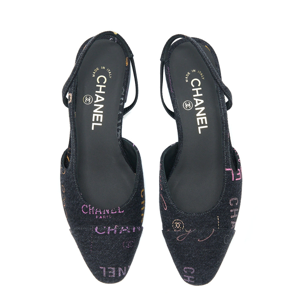 CHANEL C SLING BACK FLAP SHOES DENIM/ LEATHER BLACK