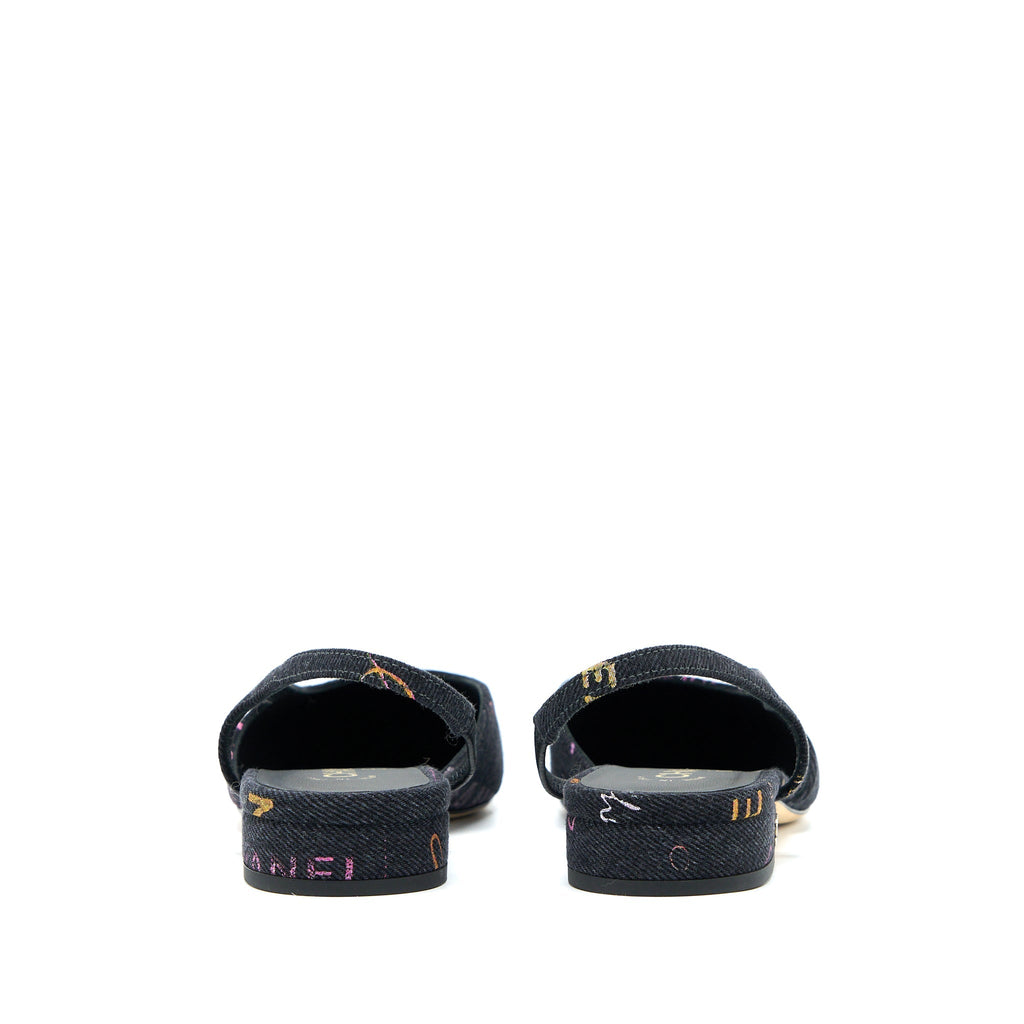 CHANEL C SLING BACK FLAP SHOES DENIM/ LEATHER BLACK