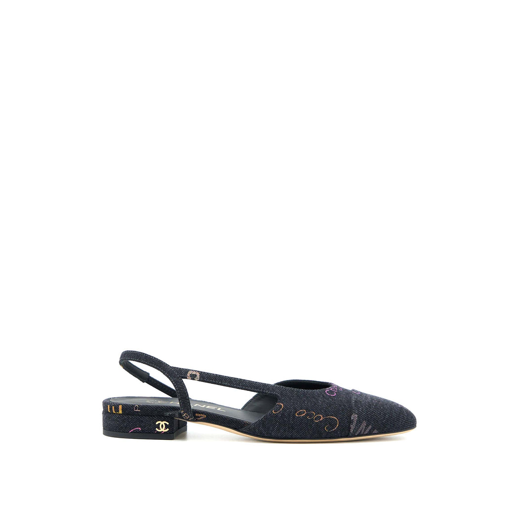 CHANEL C SLING BACK FLAP SHOES DENIM/ LEATHER BLACK