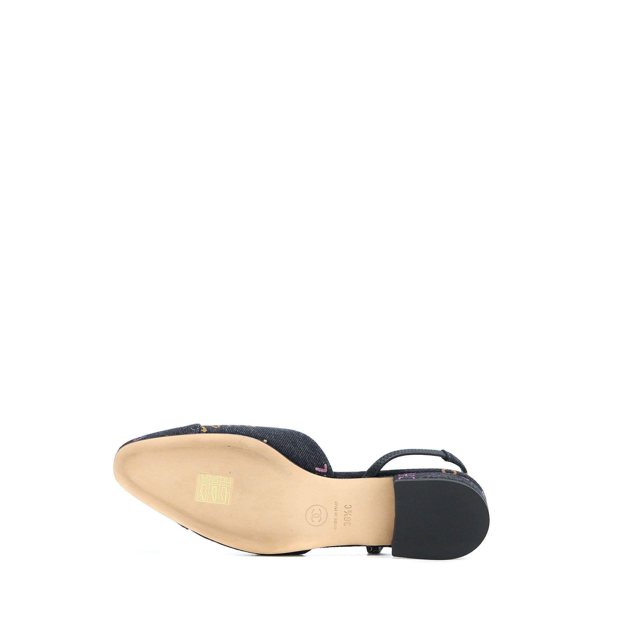CHANEL C SLING BACK FLAP SHOES DENIM/ LEATHER BLACK