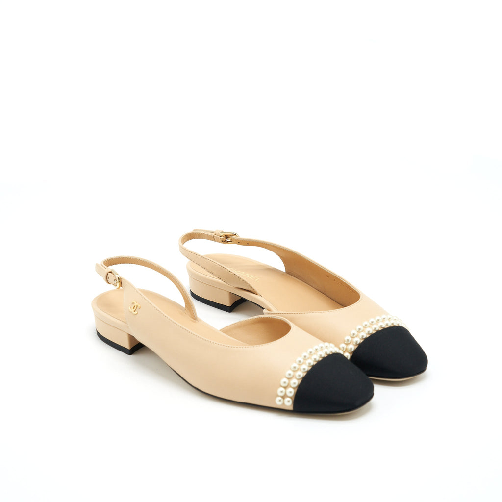 CHANEL C SLINGBACK FLATS BEIGE WITH PEARLS