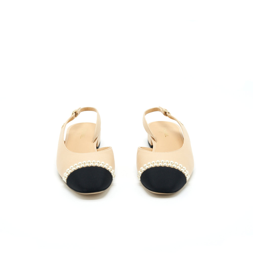 CHANEL C SLINGBACK FLATS BEIGE WITH PEARLS