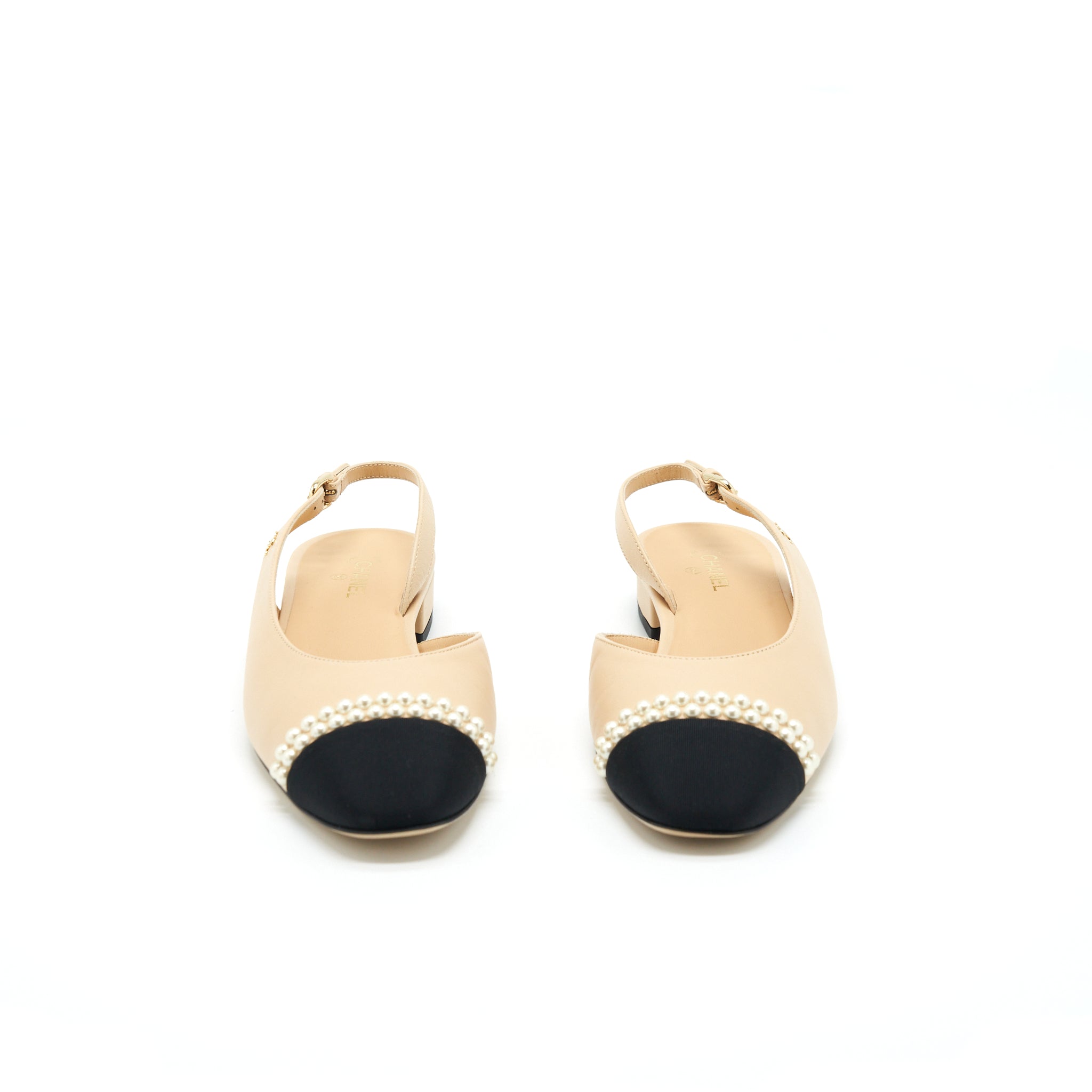 CHANEL C SLINGBACK FLATS BEIGE WITH PEARLS