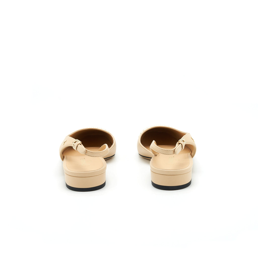CHANEL C SLINGBACK FLATS BEIGE WITH PEARLS