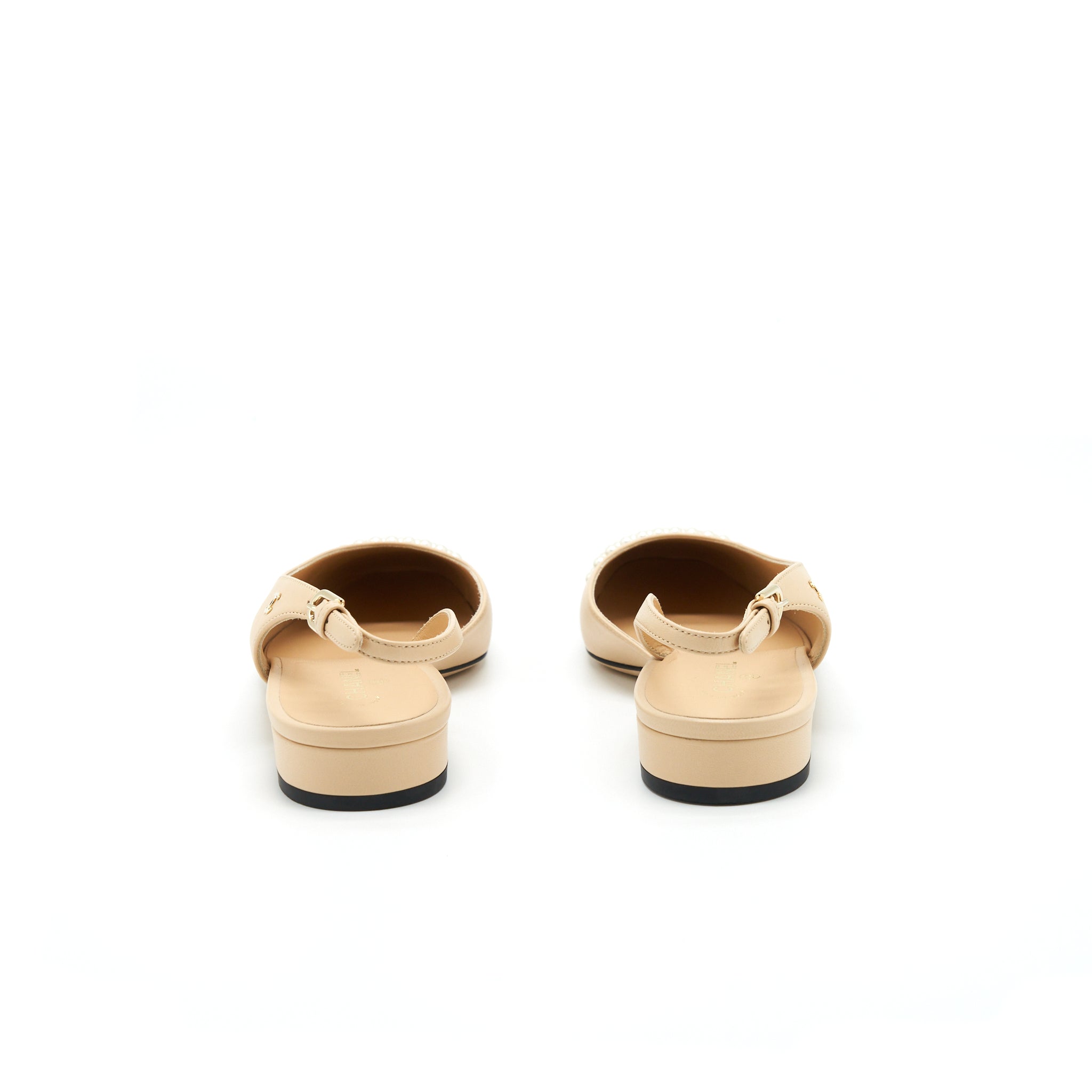 CHANEL C SLINGBACK FLATS BEIGE WITH PEARLS
