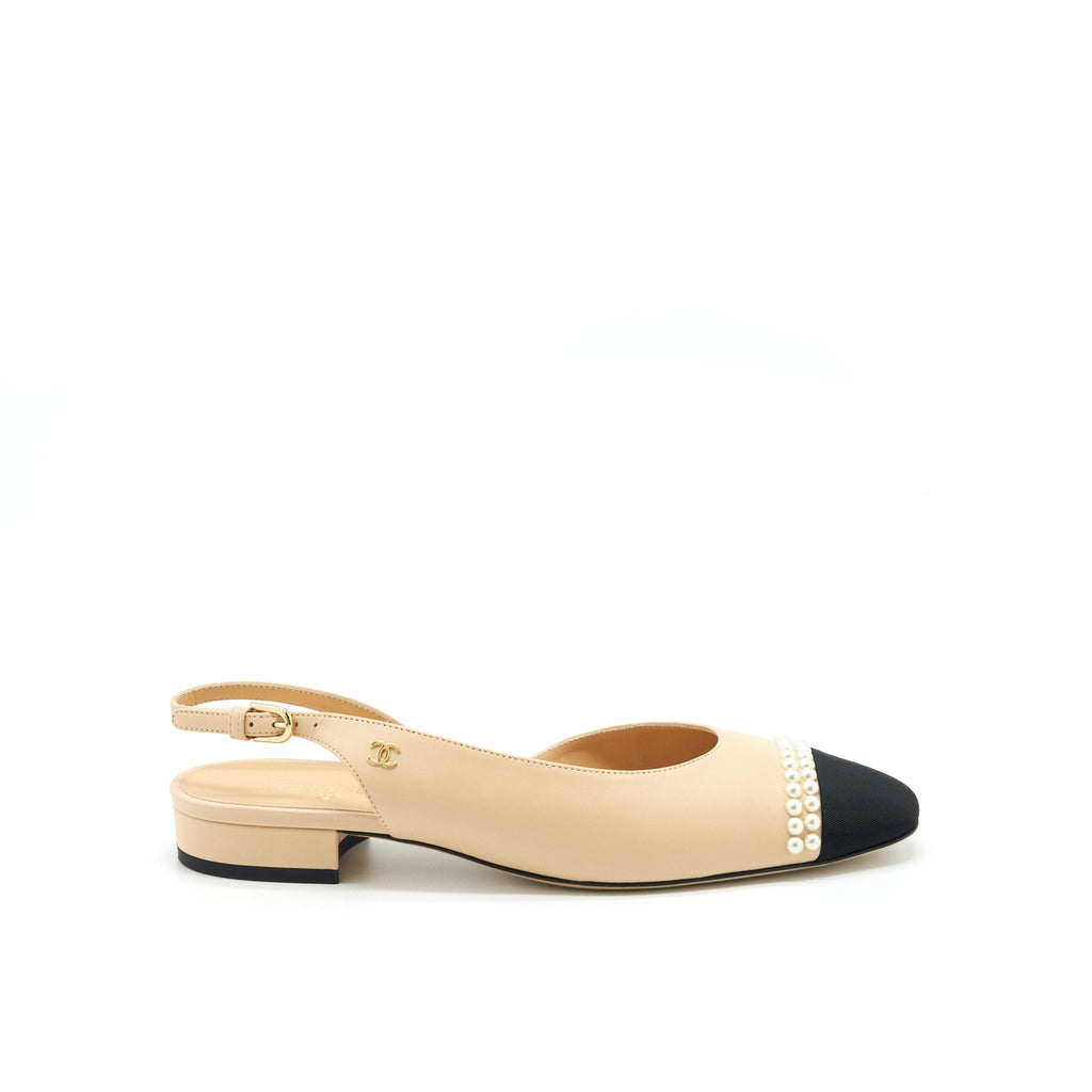CHANEL C SLINGBACK FLATS BEIGE WITH PEARLS