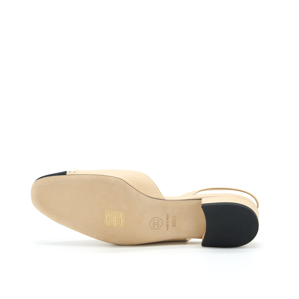 CHANEL C SLINGBACK FLATS BEIGE WITH PEARLS