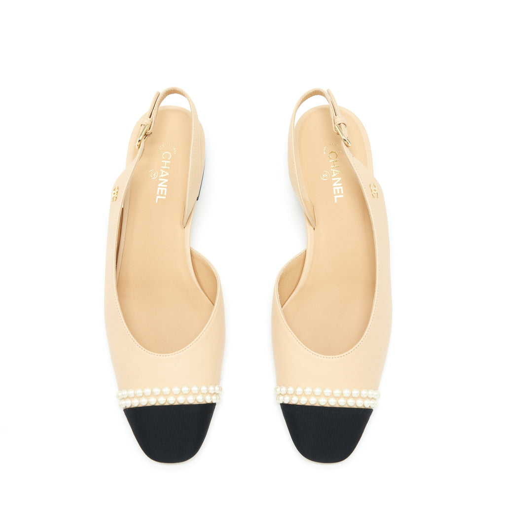 CHANEL C SLINGBACK FLATS BEIGE WITH PEARLS
