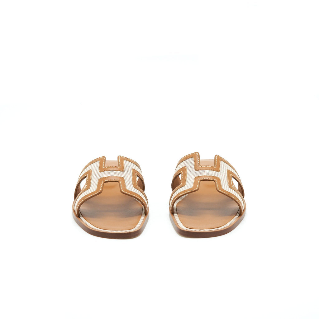 HERMES ORAN SANDALS TOILE H PLUM NOISETTE/BEIGE