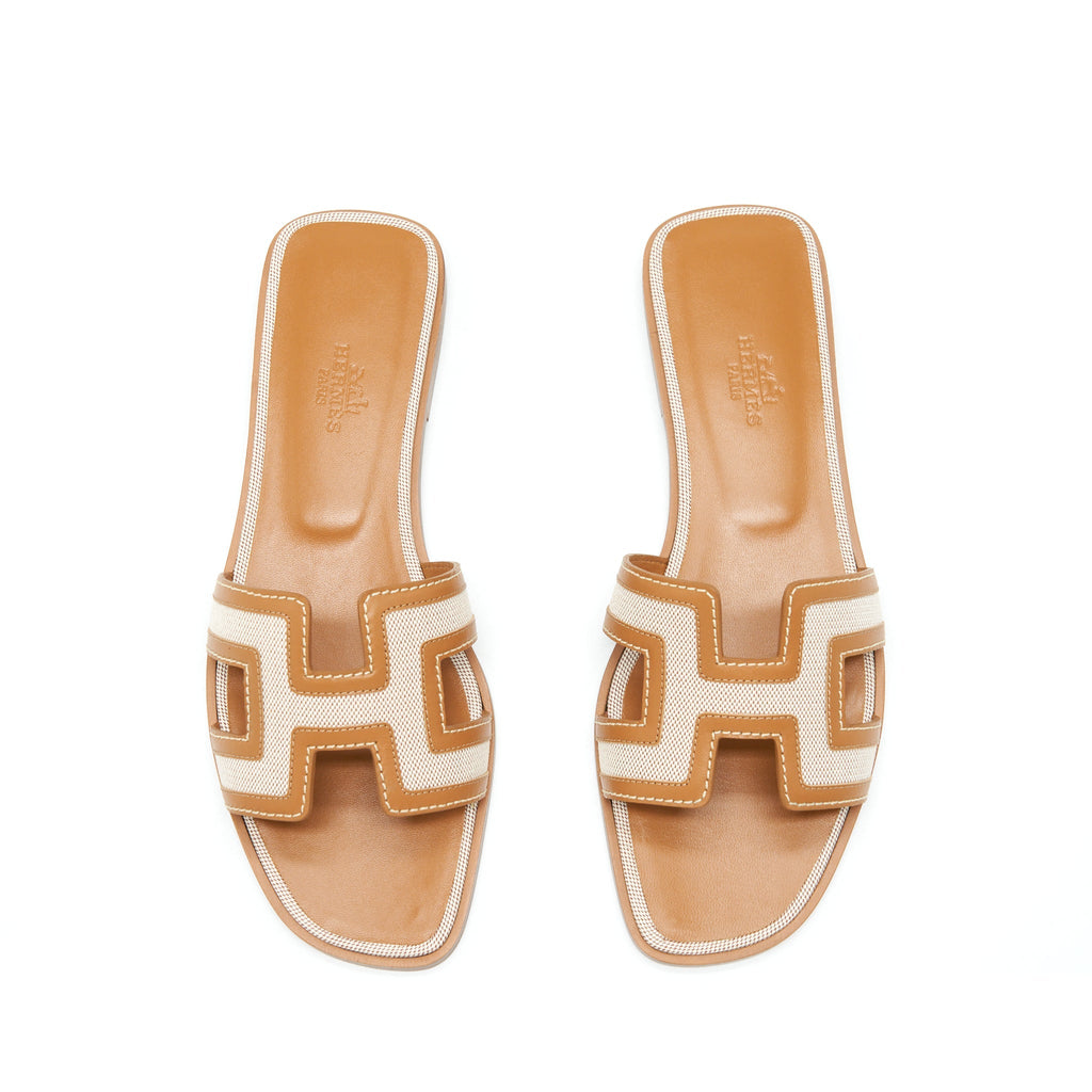 HERMES ORAN SANDALS TOILE H PLUM NOISETTE/BEIGE