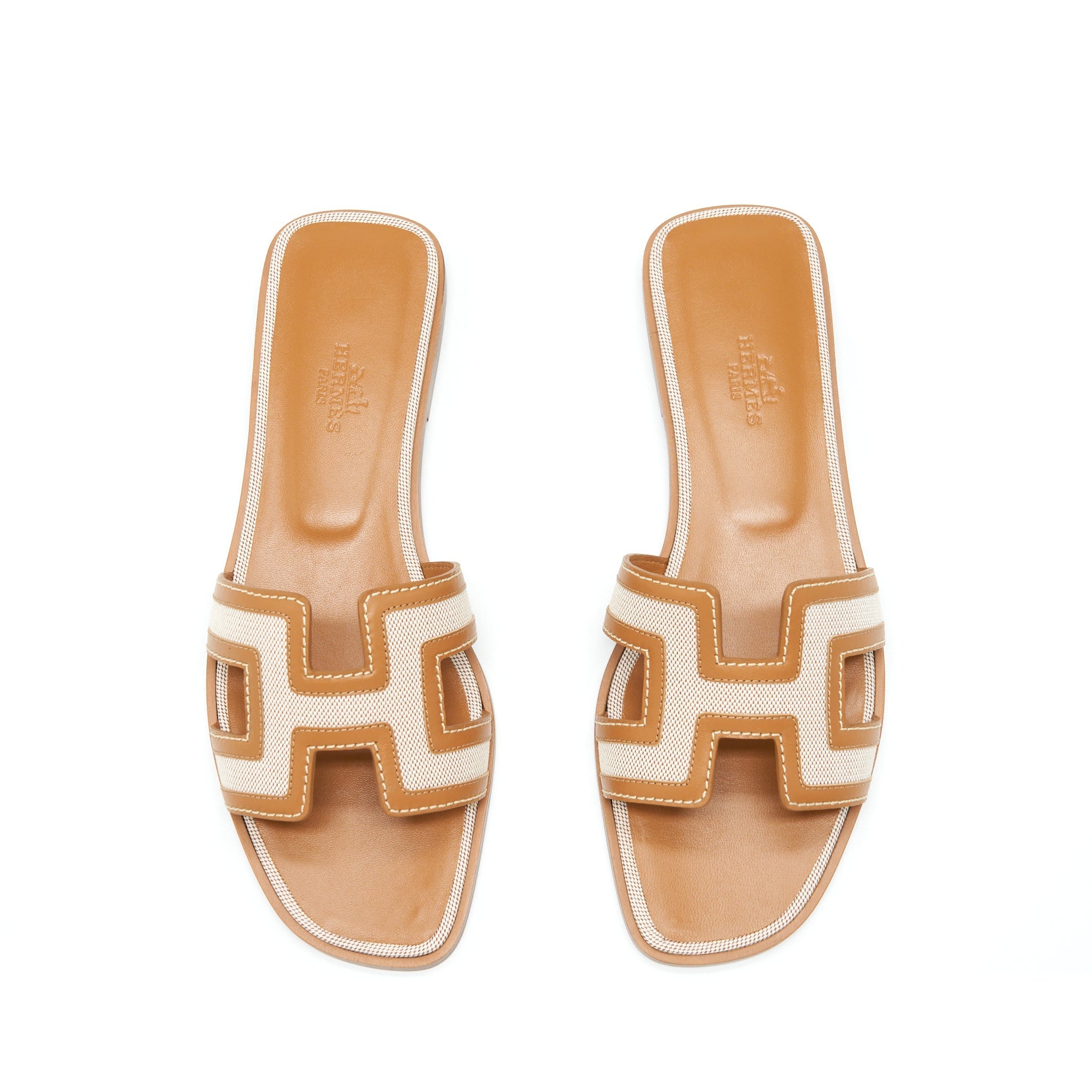 HERMES ORAN SANDALS TOILE H PLUM NOISETTE/BEIGE