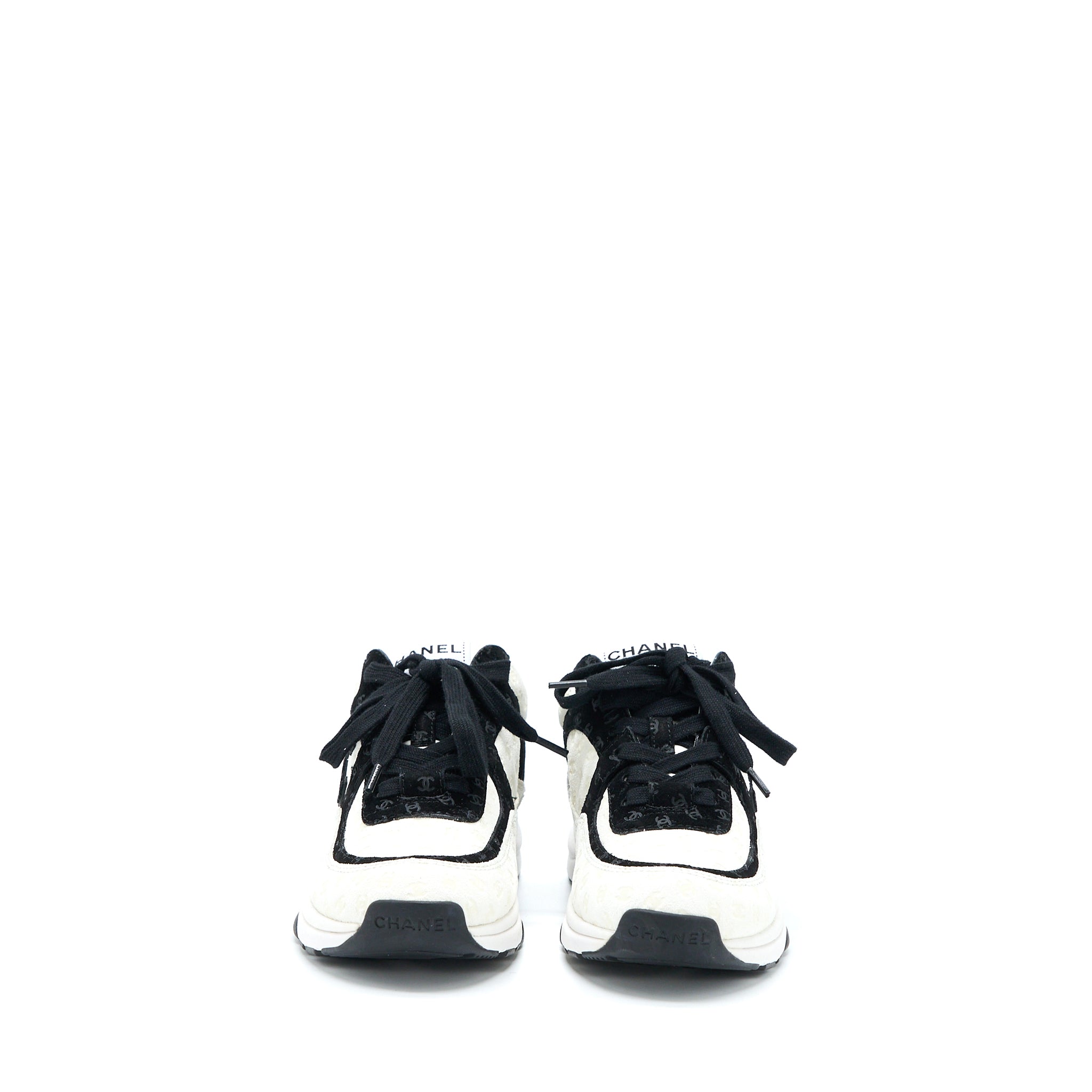 CHANEL 22A TRAINERS PRINTED SUEDE/CALFSKIN BLACK/WHITE