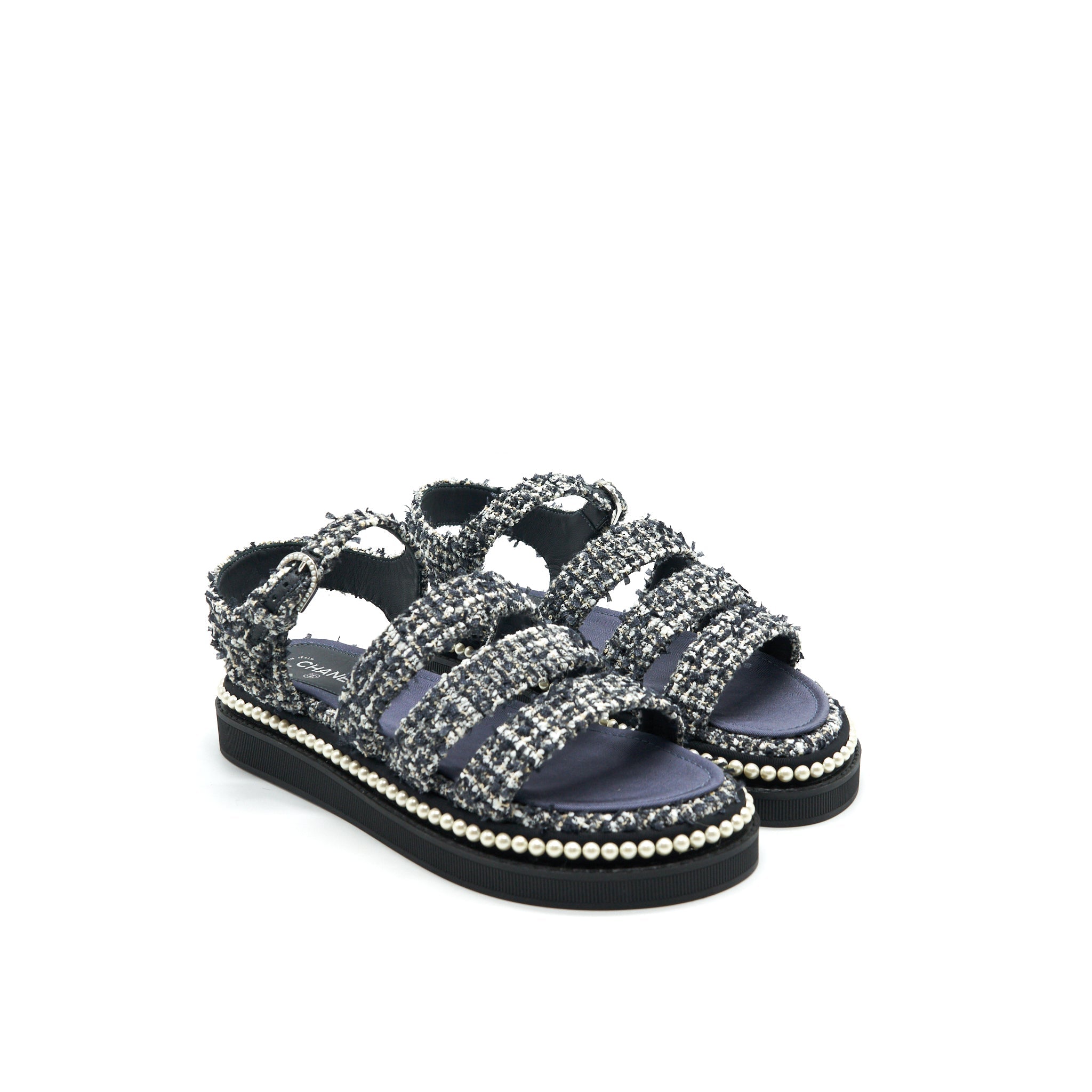 CHANEL TWEED NAVY BLUE SANDALS