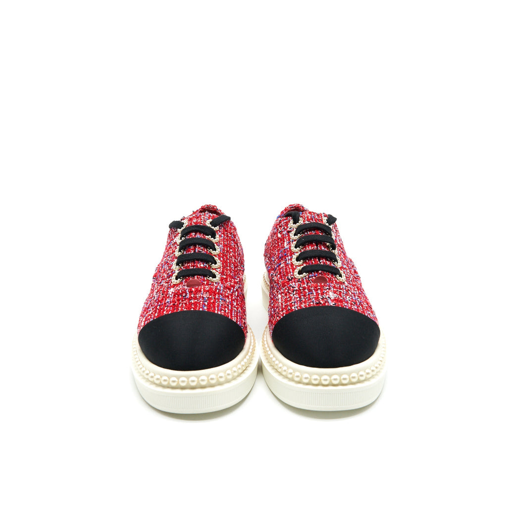 CHANEL TWEED LACE-UP PEARLS FLATS SHOES
