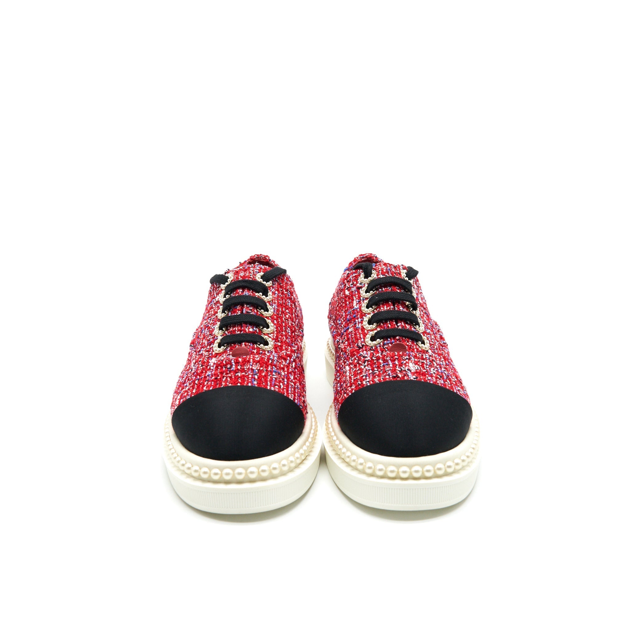 CHANEL TWEED LACE-UP PEARLS FLATS SHOES