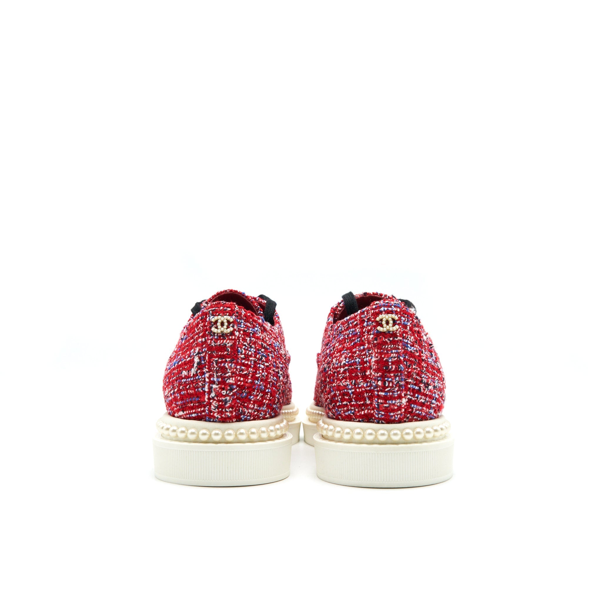 CHANEL TWEED LACE-UP PEARLS FLATS SHOES