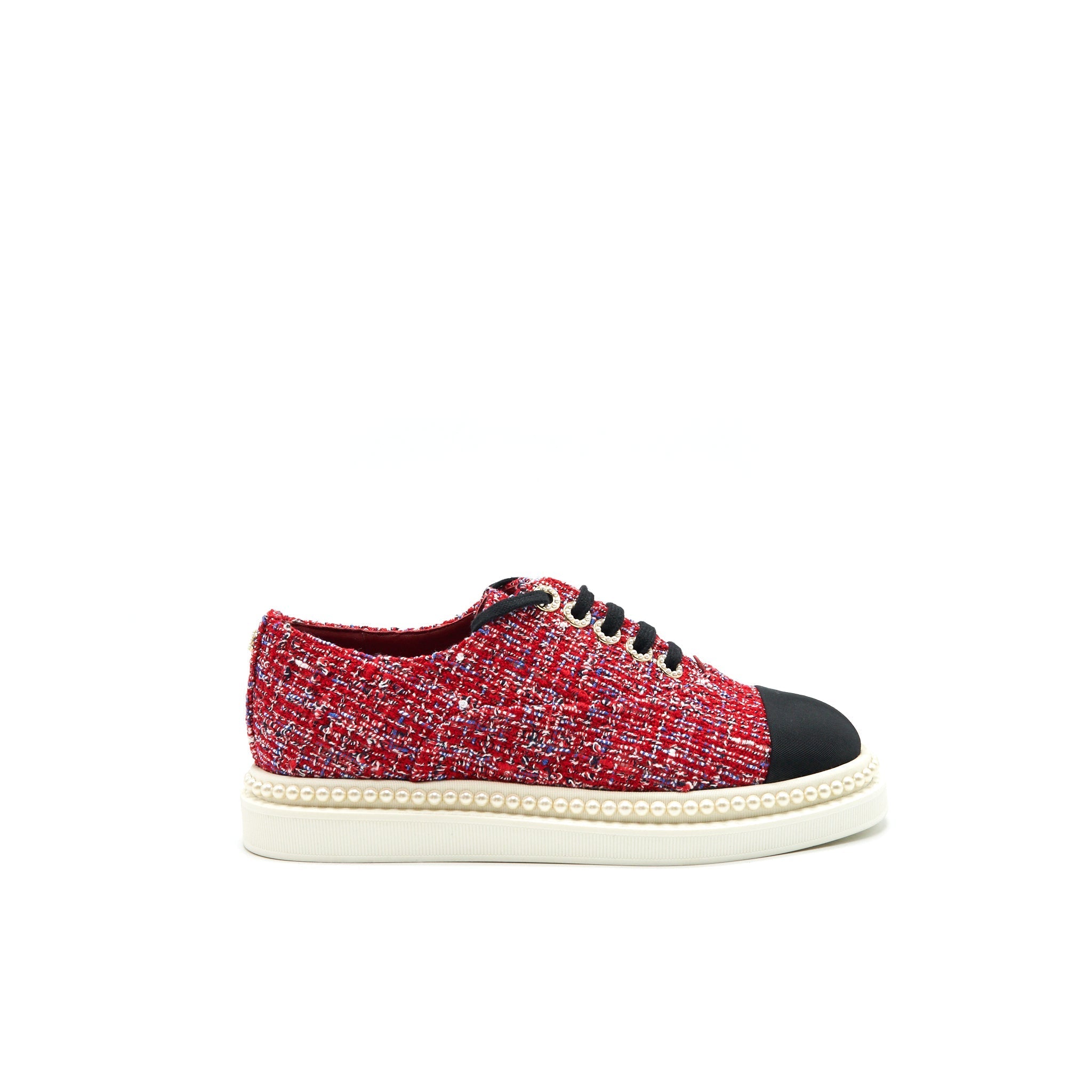 CHANEL TWEED LACE-UP PEARL FLATS RED