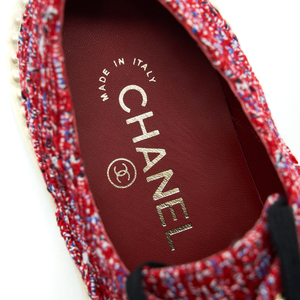 CHANEL TWEED LACE-UP PEARLS FLATS SHOES