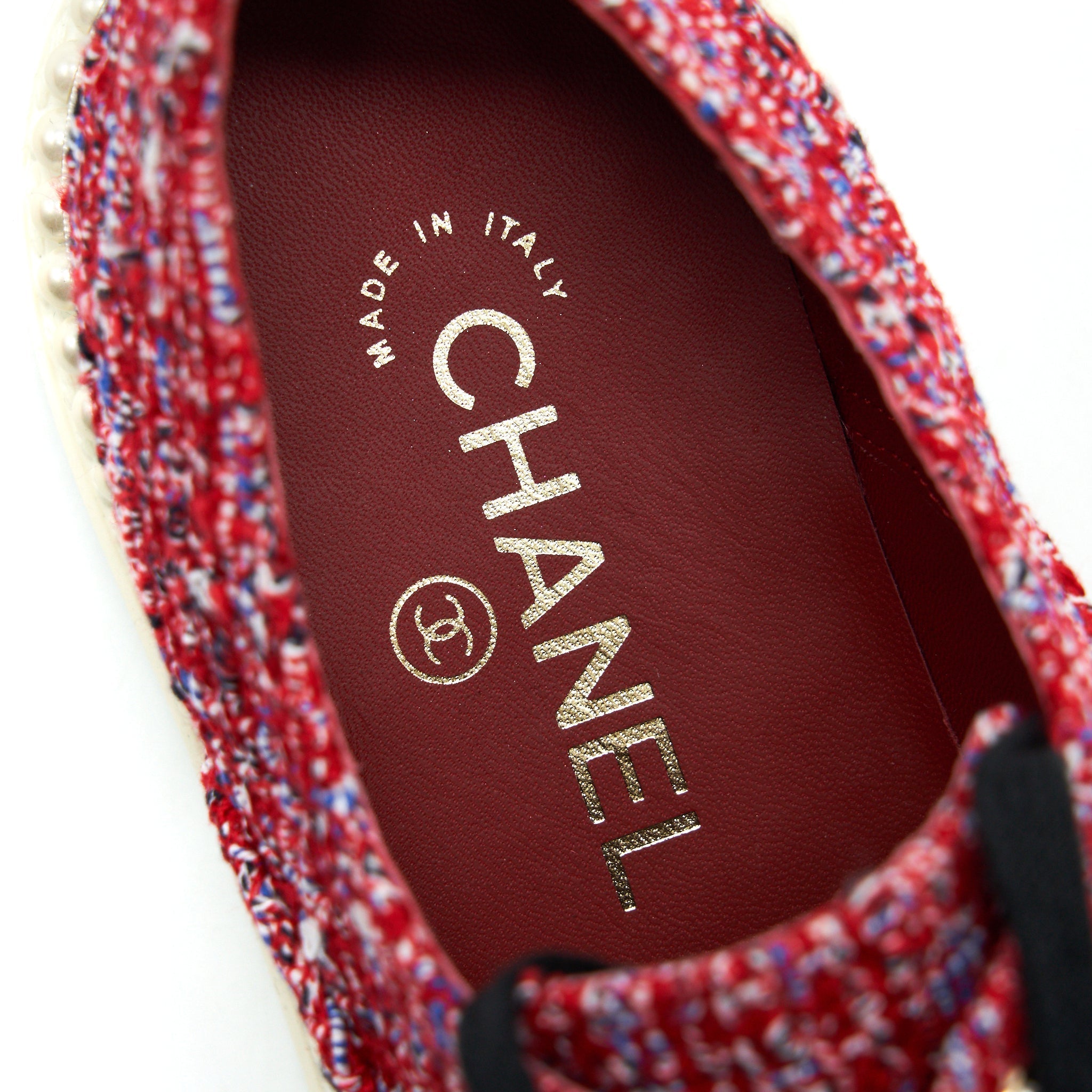 CHANEL TWEED LACE-UP PEARL FLATS RED