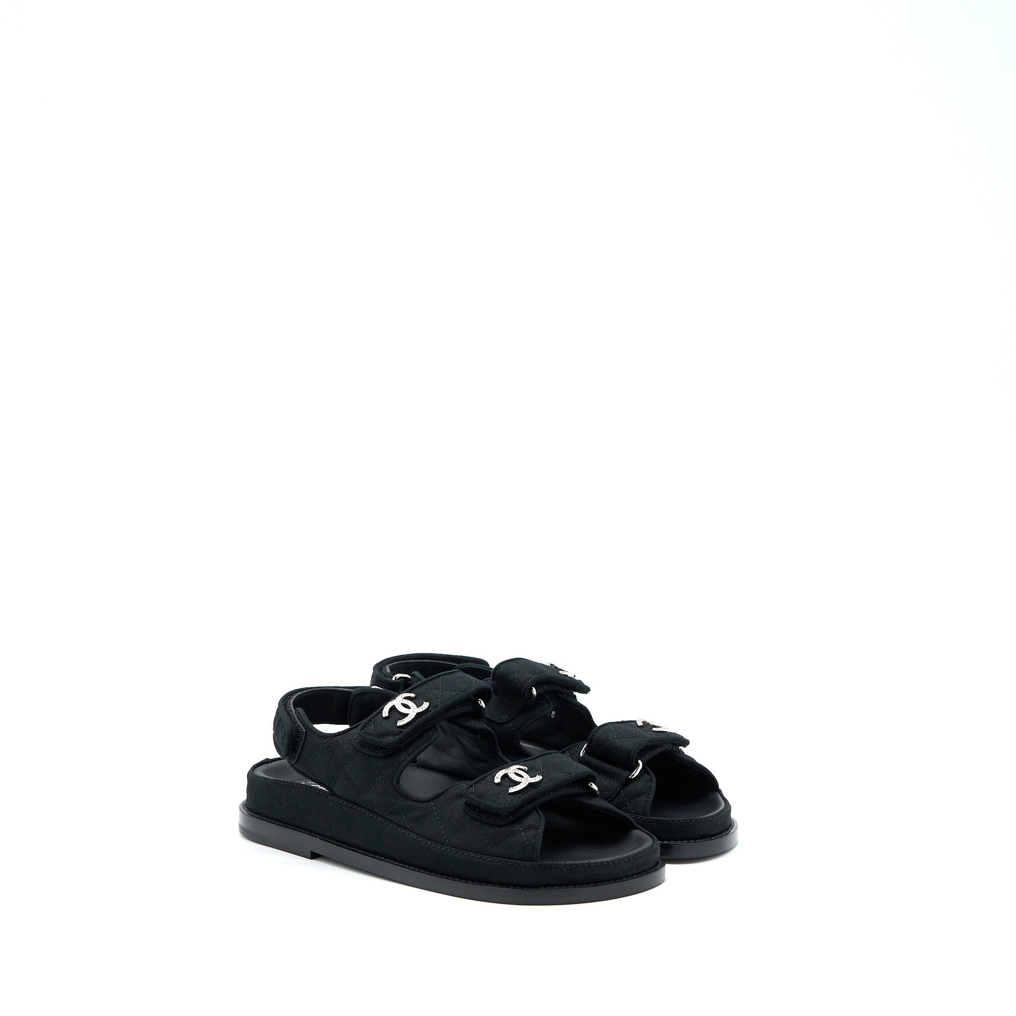CHANEL DAD SANDALS CRYSTAL LOGO FABRIC BLACK
