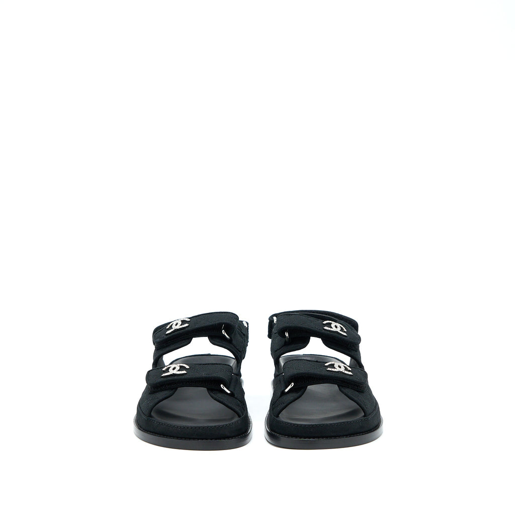 CHANEL DAD SANDALS CRYSTAL LOGO FABRIC BLACK