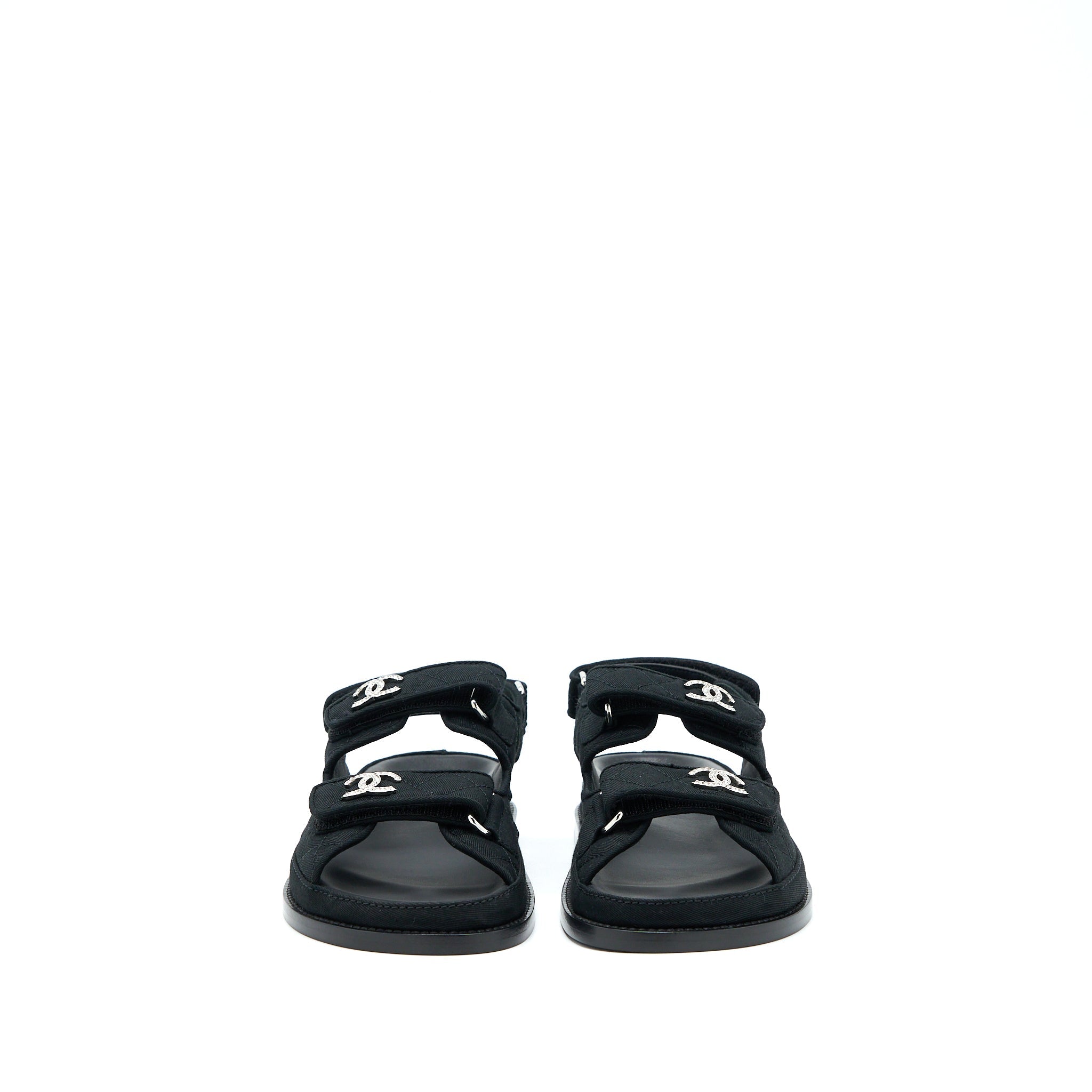 CHANEL DAD SANDALS CRYSTAL LOGO FABRIC BLACK