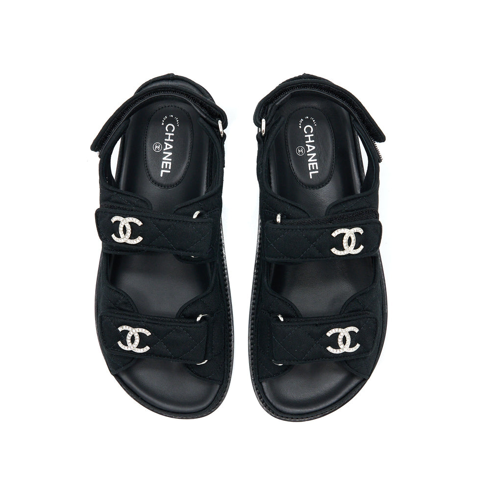 CHANEL DAD SANDALS CRYSTAL LOGO FABRIC BLACK