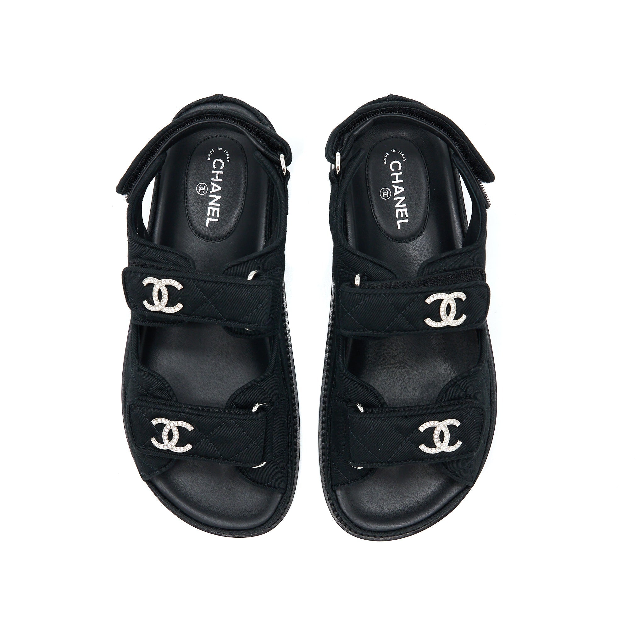 CHANEL DAD SANDALS CRYSTAL LOGO FABRIC BLACK