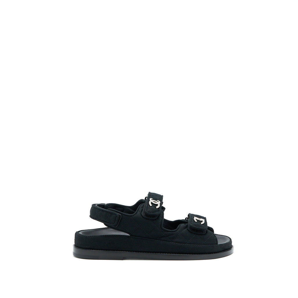 CHANEL DAD SANDALS CRYSTAL LOGO FABRIC BLACK