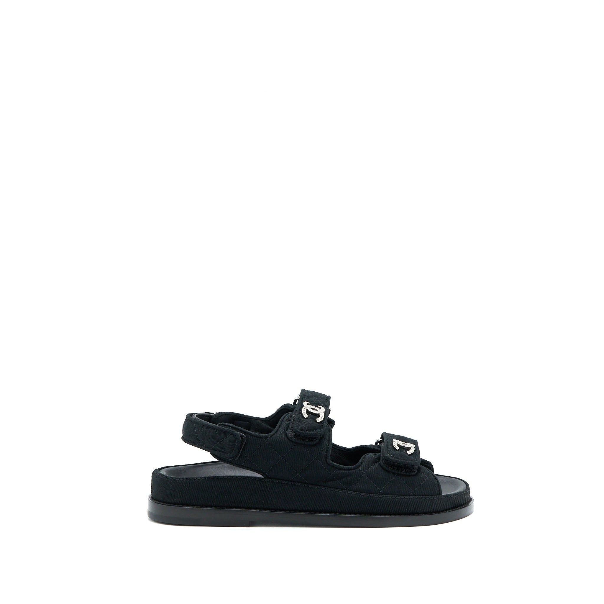 CHANEL DAD SANDALS CRYSTAL LOGO FABRIC BLACK