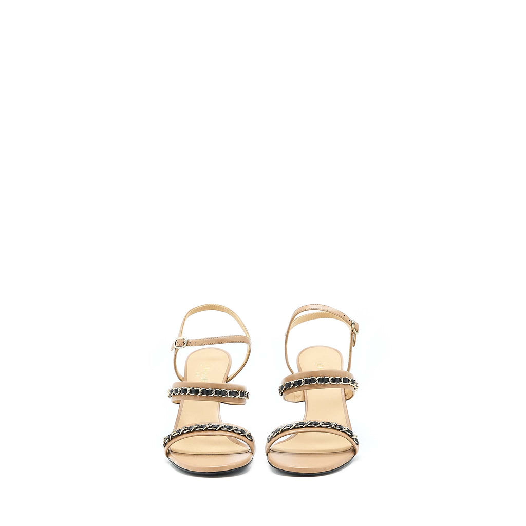 CHANEL LEATHER CHAINS HEEL SANDALS LAMBSKIN BEIGE/BLACK LGHW