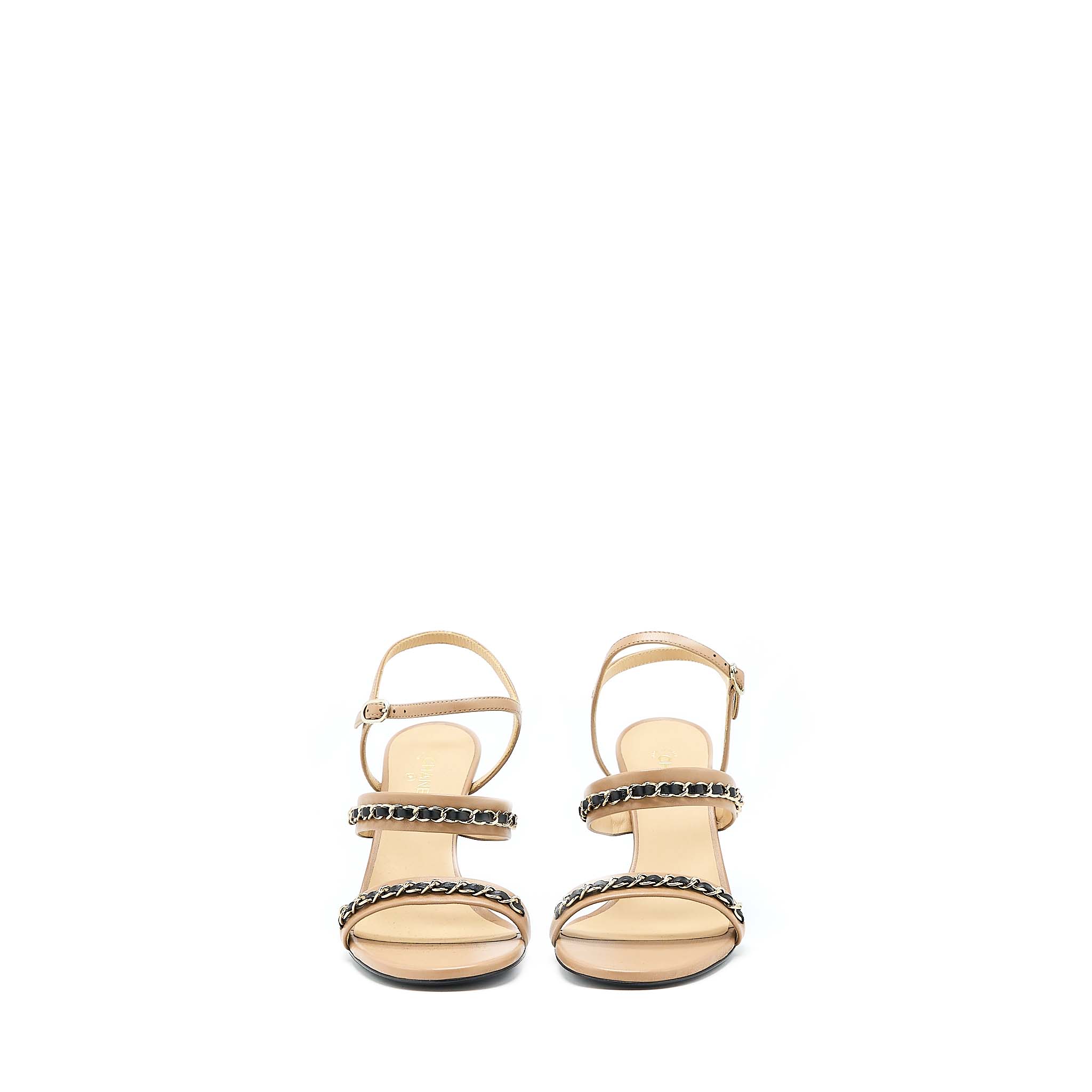 CHANEL LEATHER CHAINS HEEL SANDALS LAMBSKIN BEIGE/BLACK LGHW